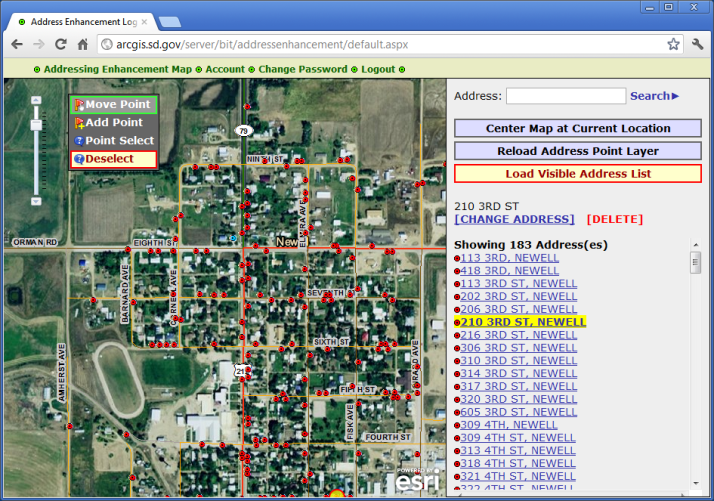 Address Enhancement web editor showing address points over aerial imagery of Newell, SD
